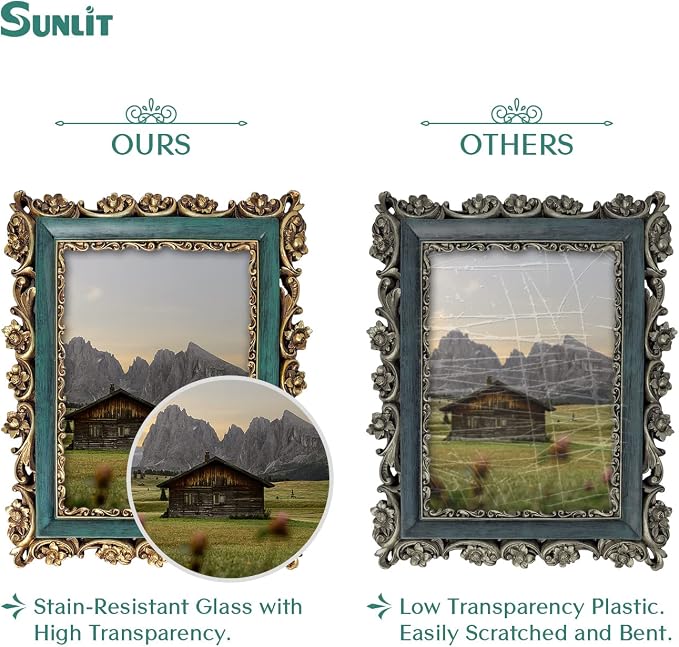 Sunlit Vintage Picture Frame 5x7 Inch, Luxury Antique Photo Frames with Glass Front, Photo Display, Tabletop Wall Hanging, Gift Ideas, Dark Green and Bronze Gold