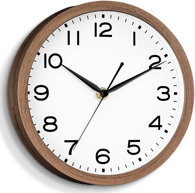 AKCISOT 10 Inch Wall Clock, Silent Battery Operated Analog Clock, Walnut | Classroom | Kitchen | Office | Easy to Read Numbers | Garage