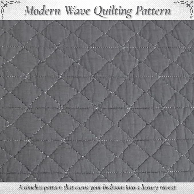 Cozy Line Home Fashions 100% Cotton Quilt Set – 3-Piece Charcoal Gray Solid Classic Modern Quilted Bedspread with Shams, Lightweight All Season Modern Bedding (Diamond Gray, Queen)