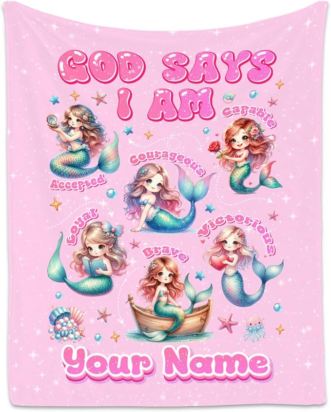 Personalized Mermaid Blanket for Girls, Custom Name Gift, God Says I Am Blanket, Cute Fleece Fuzzy Throw, 60"x80