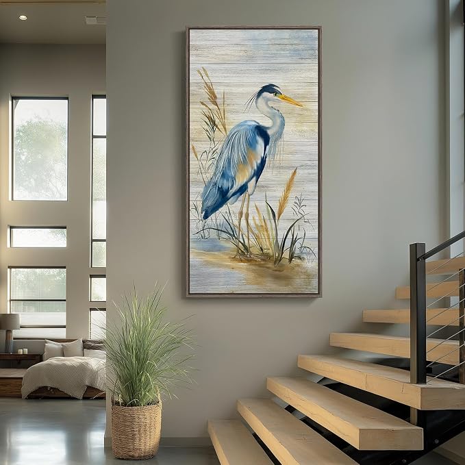 Framed Vertical Coastal Blue Heron Wall Art for Living Room, 20x40 Inch | Vintage, Farmhouse, Nature, Bird, Blue, Large, Office wall art, Kitchen wall decor, Foyer decor, Ready to hang, Wood frame