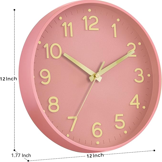 Roymnie 12 Inch Wall Clock Battery Operated Silent Non Ticking Analog | Pink Gold modern analog; large 3D easy-read dial for kitchen, office, bathroom & bedroom; 1 AA battery (not included)