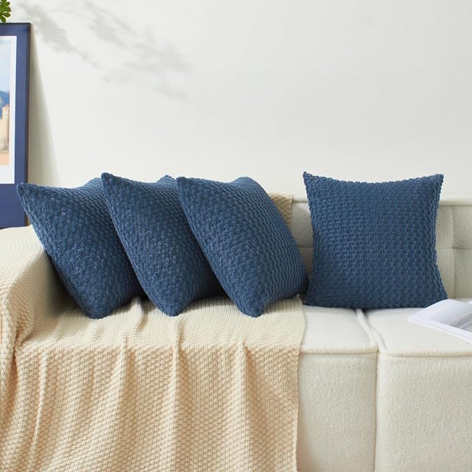 Kevin Textile Throw Pillow Covers Pack of 4 Spring Super Soft Boho Corduroy Decorative Pillow Covers Cases Solid Color Plush Texture Throw Pillows for Sofa Couch Chair 18x18 Inch, Dusty Blue