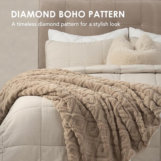 EverGrace Jacquard Reversible Sherpa Throw Blanket, 108" x 90", Khaki Tan | Jacquard Sherpa Throw Blanket, Super Soft, Cozy Plush Blanket, Reversible Thick Warm Throw for Bed, Sofa, Living Room
