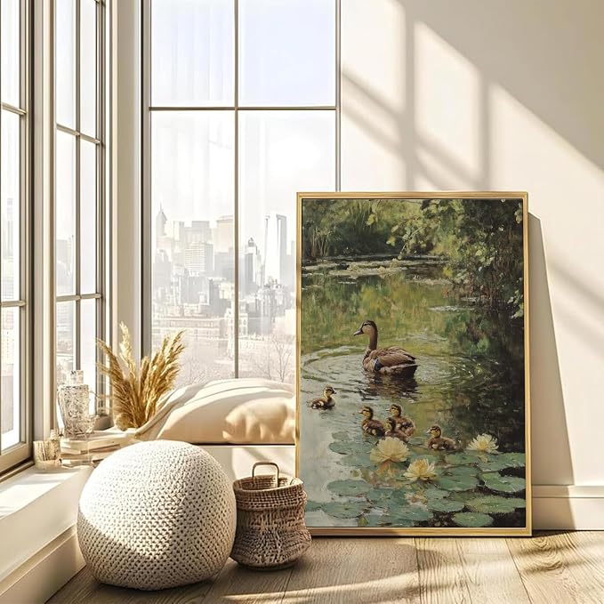 Framed Vintage Duck Canvas Wall Art Farmhouse Wall Decor Pictures Cottagecore Mother Duck Print Wildlife Nature Pond Sage Green Painting for Countryside Farmhouse Nursery Decoration 12x16in