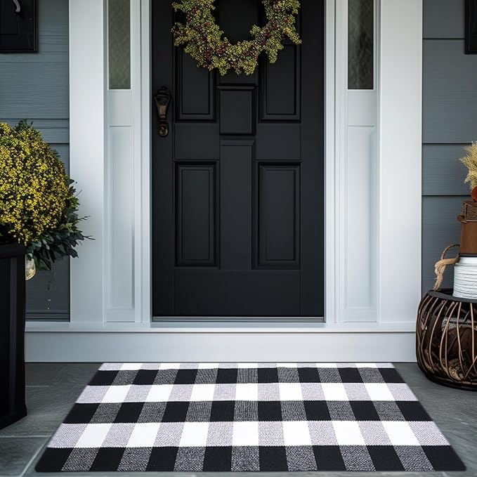 Buffalo Plaid Area Rug 3x5 Ft, Black White Indoor Outdoor Rug | Cotton Blend, Black White Checkered, Machine Washable, Layering Rug, Front Porch Entryway