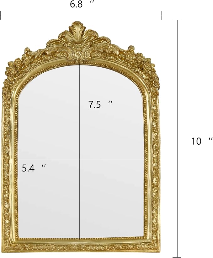 Small Decorative Arched Mirror, Gold Resin Frame, 6.8 x 10 inches, Wall Mounted or Tabletop (Gold, 6.8 X 10 inches)