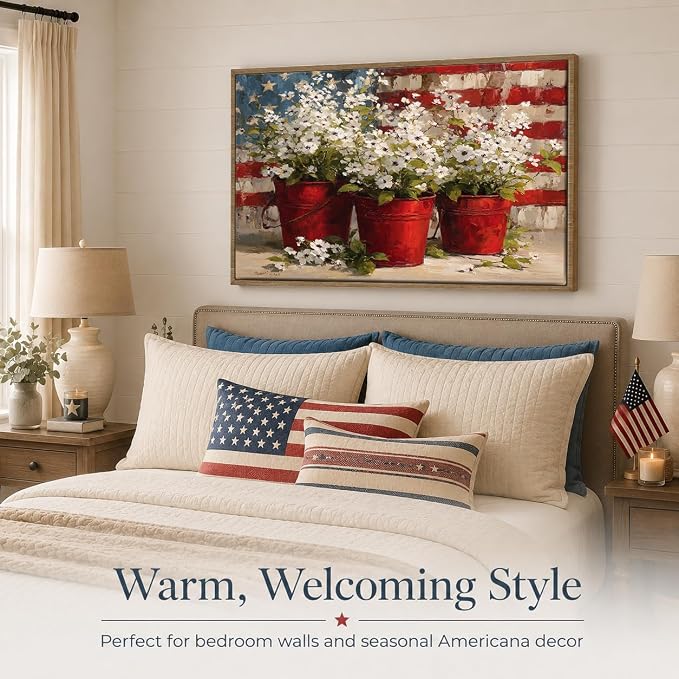 American Flag Framed Canvas Wall Art, 4th of July Floral Canvas Prints | Wildflower Landscape Poster Print, Vintage Rustic Independence Day Wall Decor for Bedroom Living Room Office 12×16in