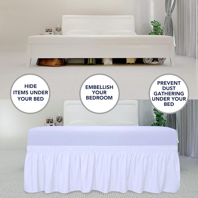 PureFit Wrap Around Ruffled Bed Skirt, White, Queen/King - 18" Drop | Wrinkle Free Bedskirt Dust Ruffles, Easy to Put On Frame Cover with Adjustable Elastic Belt