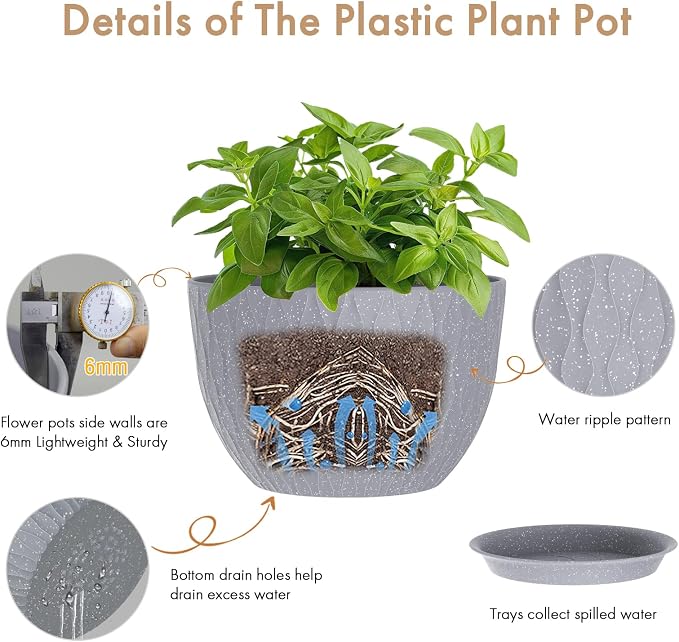 WSMKSZ 12 Inch Wide Water Ripples Flower Pots for Indoor or Outdoor Plants, Large Plant Pots with Drainage Holes & Saucer, Plastic Planters Set for Garden & Home Decor (Grey with White Speckles)