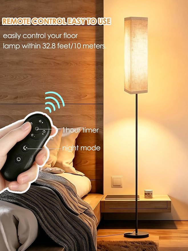 Modern Tall Floor Lamp with Remote for Bedroom Living Dimmable LED