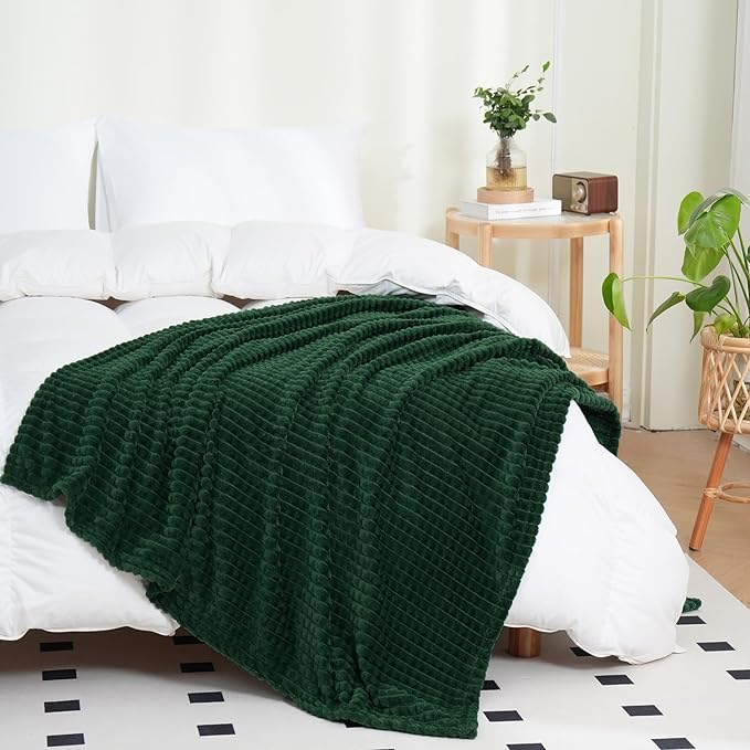 Puncuntex Fleece Throw Blanket Dark Green 90"×90" with Square Grid Design | Super Soft Plush Cozy Flannel Throw Blanket Luxury for Couch Sofa Chair