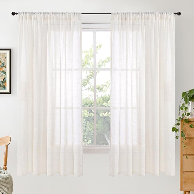 BGment Linen Semi Sheer Curtains 52X63 Inch Length for Living Room | Light Filtering Window Drapes with Rod Pocket Lightweight Rustic Textured for Farmhouse Bedroom, 2 Panels Set