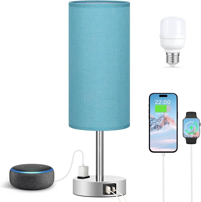 Fenmzee Light Beige Bedside Table Lamp, Dimmable Touch, USB A+C, AC Outlet