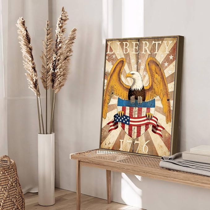 American Flag Framed Canvas Wall Art, 4th of July Patriotic Canvas Prints | USA Flag with Bald Eagle Poster Print, Vintage Independence Day Wall Decor for Bedroom Living Room 11×14in