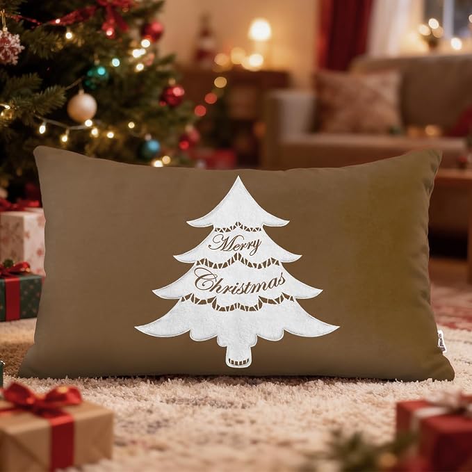 BRAWARM Christmas Pillow Cover 12 X 20 Inches, Brown Christmas Tree Embroidered Lumbar Pillow Cover, Soft Velvet Decorative Throw Pillow for Couch Bed Sofa Living Room Home