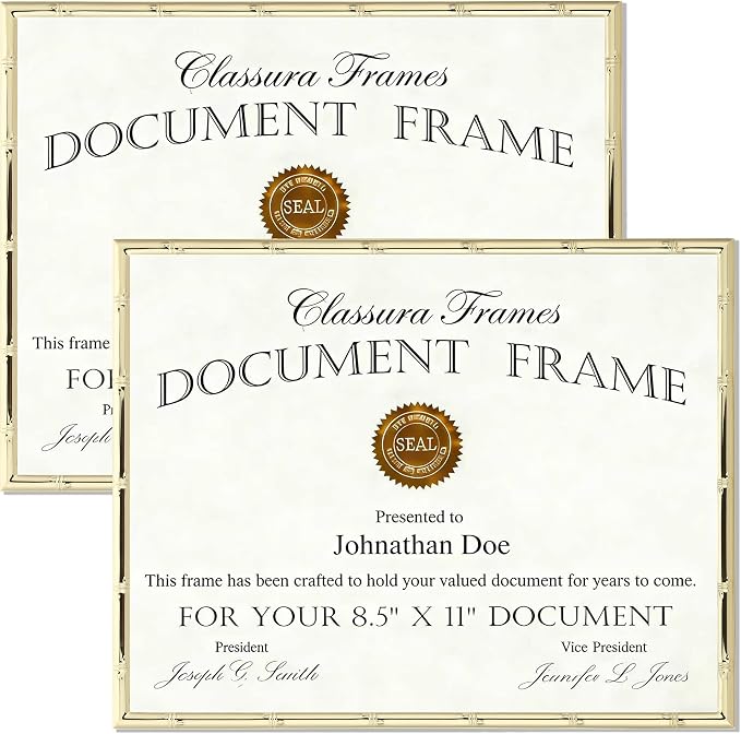 YiPinYin Gold 8.5x11'' Bamboo Detail Designs Metal Certificate Frame 2pack,8.5x11'' Document Frames,Elegant Gold Plated Certificate Frames With Soft Touch Velvet & Backing for Desktop and Wall Décor