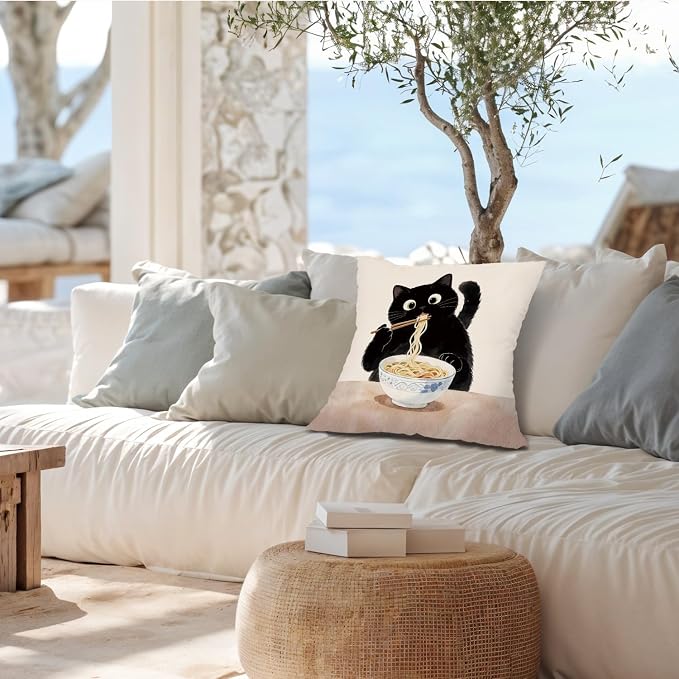Funny Black Cat Pillow Covers 18x18, Cat Mom Lovers Lady Gifts for Women, Black Kitten Eating Noodle Decorative Throw Pillow Covers Pillowcases for Home Bedroom Living Room Decor