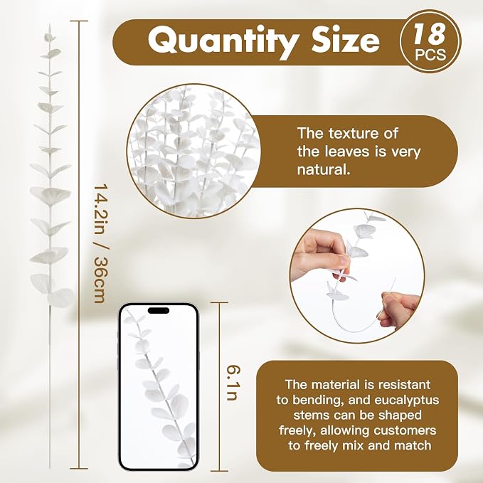 18pcs White Eucalyptus Stems Greenery Stems Fake Leaves Artificial Flowers Bouquet Faux Branches Centerpiece Flores Plants for Home Party Decor Wedding Decoration