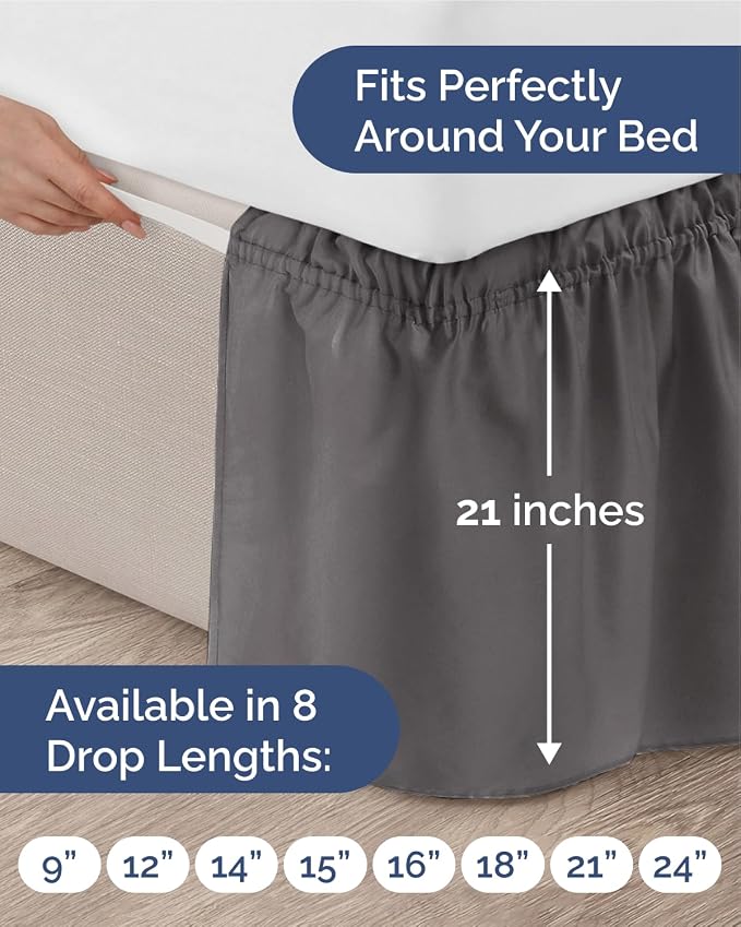 Wrap Around Dust Ruffle Bed Skirt - Charcoal - for King Size Beds w/ 21 Inch Drop - Easy Fit Elastic Strap - Adjustable Pleated Bedskirt with Brushed Fabric - Wrinkle Free - Women, Men, Kids & Teens
