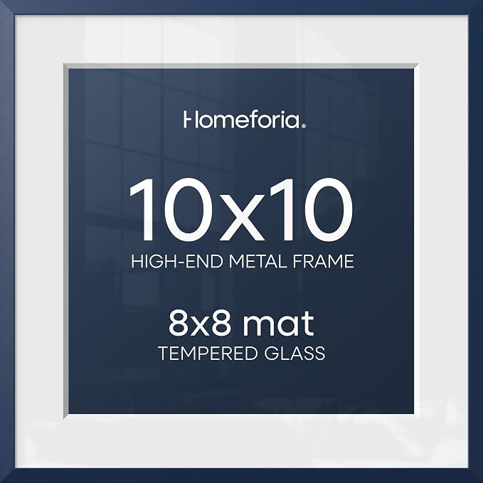 Homeforia 10x10 Blue Picture Frame, High-End Metal, 8x8 Mat, Glass