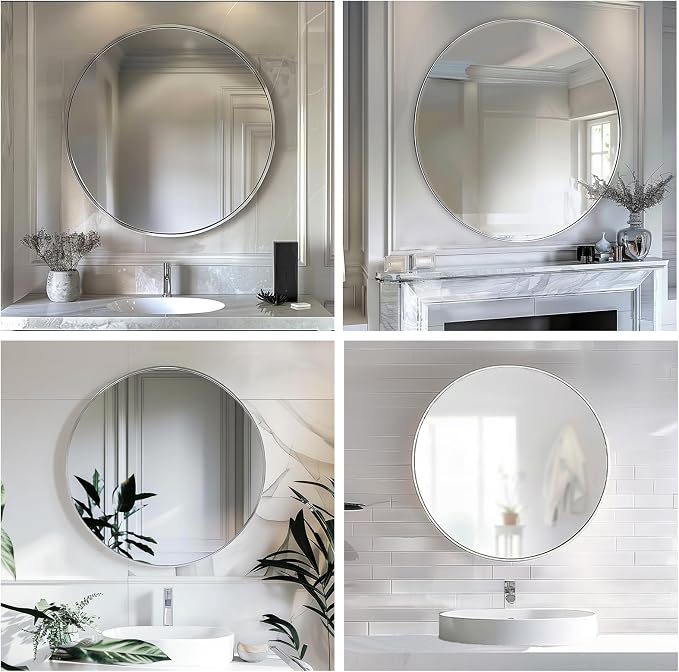 Large Circle Mirror 38 inch, Nickel Circle Mirror with Metal Frame | Brushed Nickel Metal Frame, High Definition, Waterproof, Easy Installation, Suitable for Dressing Room, Cloakroom, Bedroom,