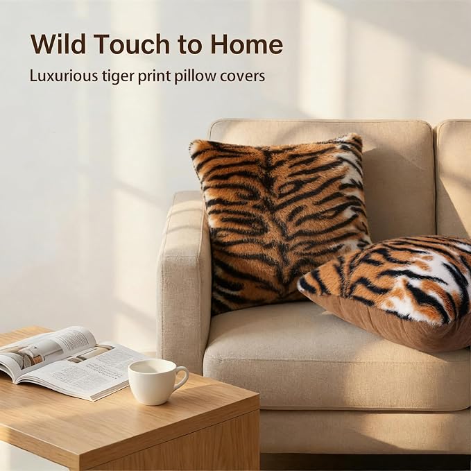cygnus Tiger Print Throw Pillow Covers 18X18 inch | Fluffy Fuzzy Decorative Square Faux Fur Throw Pillow Covers for Couch Sofa Living Room Bedroom