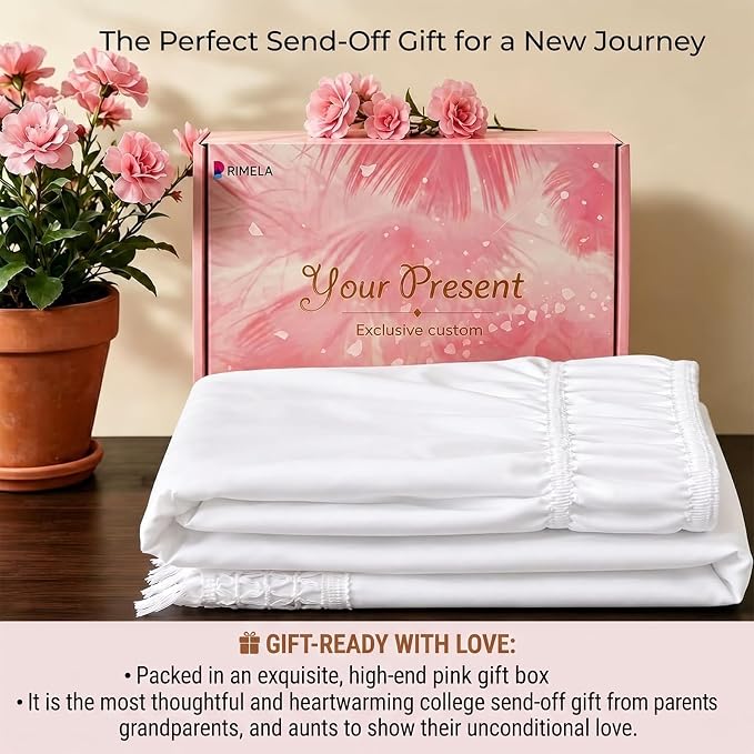 RIMELA Tassel Trim Dorm Bed Skirt Twin XL 36 Inch Drop, Wrap Around Elastic Dust Ruffle Easy to Install, Bedskirt Solid Silky Fabric Machine Washable, Bedroom Decor