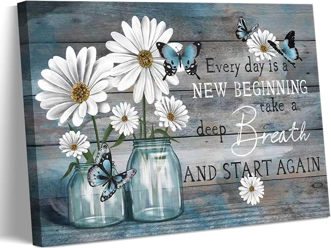 Daisy Canvas Wall Art Butterfly Wall Decor Inspirational Poster Print Flower Picture Painting Still Life Suitable for Country Farmhouse Bedroom Bathroom Rustic Wall Decoration (blue, 16x12in canvas)