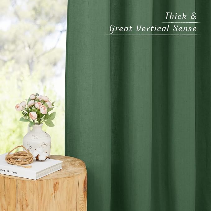 NICETOWN Olive Green Linen Curtains for Living Room, Rod Pocket & Back Tab Linen Blend Privacy Added Light Filtering Not See Through Window Treatments for Bedroom, W55 x L95, 2 Panels