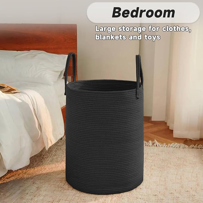 JMvicyroam 80L Cotton Rope Laundry Basket Hamper, Black | Collapsible laundry basket, reinforced handles, freestanding, machine washable, holds 3-5 thick blankets, clothes or toys
