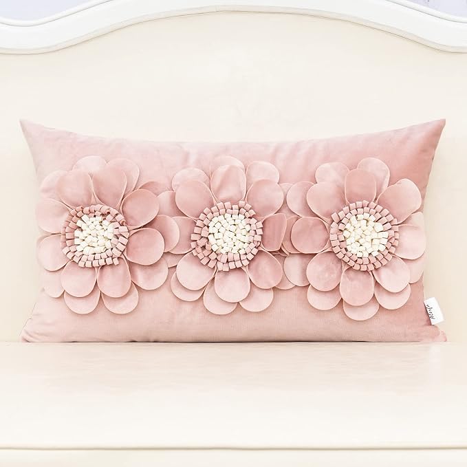 Alerfa 3D Flower Handmade Throw Pillow Cover Decorative Pink Velvet Pillowcase Cushion Cover with Hidden Zipper for Couch Bed Living Room Home Decor 12x20 Inches