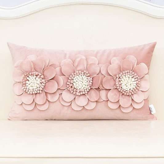 Pink 3D Flower Velvet Throw Pillow Cover Handmade with Hidden Zipper