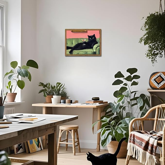 Funny Black Cat Martini Wall Art, Bar Cart Decor, Eclectic Cocktail Painting Canvas Print, Cute Animal Artwork Picture for Bedroom Living Room Kitchen 16x24 inch Wood Framed
