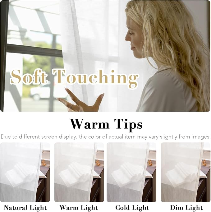 H.VERSAILTEX Linen Curtains Flax Linen Blended Curtain Panels for Living Room/Bedroom Semi Sheer Privacy Curtains 102 inch Length 2 Panels Set Nickel Grommet Window Drapes, Pure White