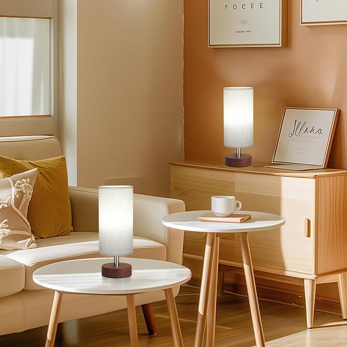 Table Lamps Set of 2 （Cream Shade - Walnut Base, 11.6" Inline Control）