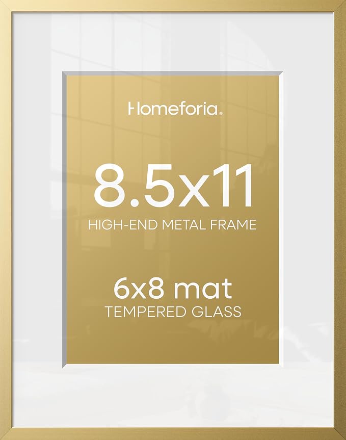 Homeforia 8.5x11 Gold Picture Frame, High-End Metal, 6x8 Mat, Glass