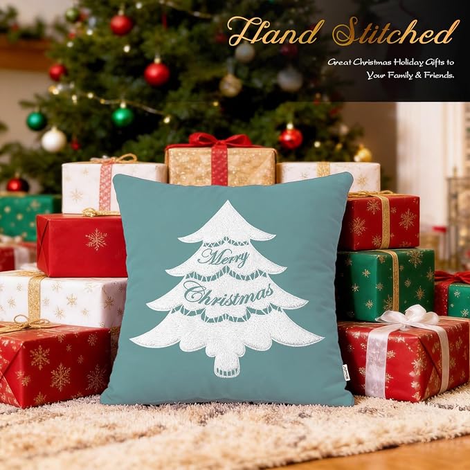 BRAWARM Christmas Pillow Cover 20 X 20 Inches, Teal Christmas Tree Embroidered Pillow Cover, Soft Velvet Decorative Throw Pillow for Couch Bed Sofa Living Room Home