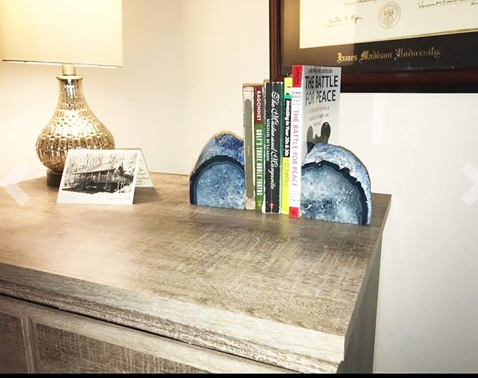 JIC Gem Blue Agate Geode Bookends Heavy Duty Rubber Bumpers 1 Pair 4-6 Lbs | Large Heavy Duty Crystal Book Stoppers Decorative Book Supports Book Holders for Bookshelf Home Office Desktop Crystal Decor