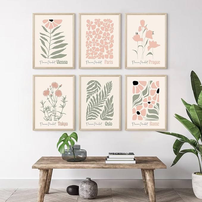 Baccone Boho Botanical Wall Art Prints Blush Pink Canvas Wall Decor Flower Market Wall Art Poster Abstract Aesthetic Pictures Pink Floral Artwork for Room Bedroom Set of 6 12x16 Inch Framed