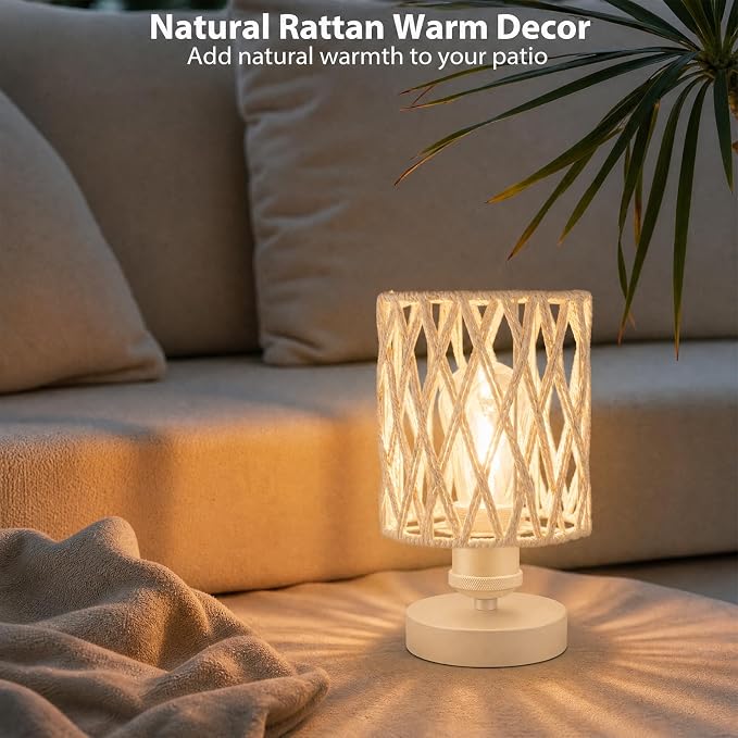 Cordless Outdoor Table Lamps, Small Rattan Boho, Rechargeable Battery Operated for Outdoor Patio, Home, Living Room, Bedroom, Bedside - Set of 2 (Ivory)