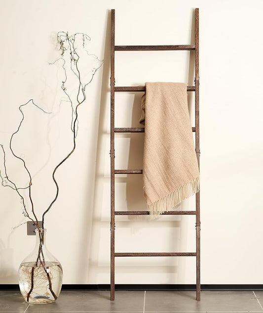 Blanket Ladder 6-Tier Washed Wood, Rustic Towel & Quilt Display Rack | A rustic ladder with weathered washed brown finish. Holds quilts, towels & blankets. Sturdy 6-tier wood. Easy assembly.
