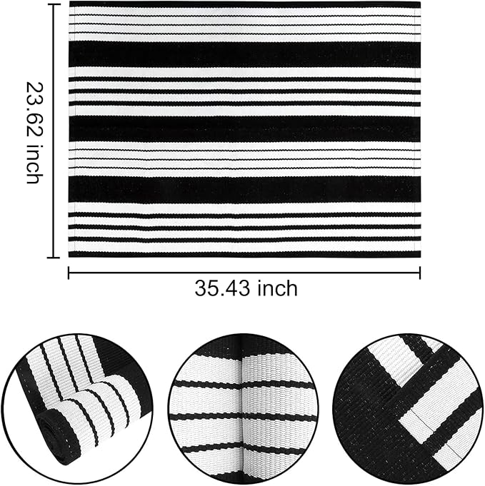 Black and White Striped Door Mat Outdoor 24"x35"Washable Layered Doormat | Hand-Woven Farmhouse Indoor/Outdoor Rug Front Porch Mat Combined Use with Hello Welcome Mat