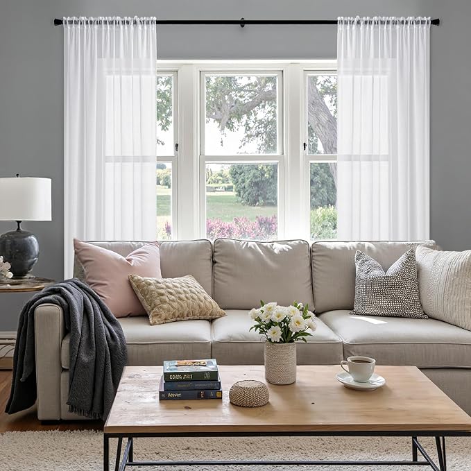MIULEE Semi White Linen Textured Sheer Curtains 54W×84L Rod Pocket 2 Panels | Semi Transparent, Farmhouse, Window Net Panels with Rod Pocket for Bedroom Living Room