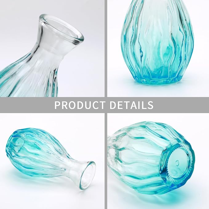 Glass Bud Vases Set of 4, Small Blue Flower Vases for Wedding Centerpieces | Clear Vintage Embossed Mini Vases for Table Decoration, Flower Arrangements in Vases for Party or Home Decor