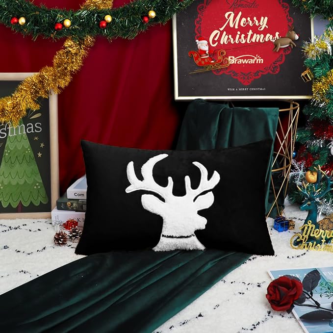 BRAWARM Christmas Pillow Cover 12 X 20 Inches, Black Reindeer Embroidered Lumbar Pillow Cover, Soft Velvet Decorative Throw Pillow for Couch Bed Sofa Living Room Home