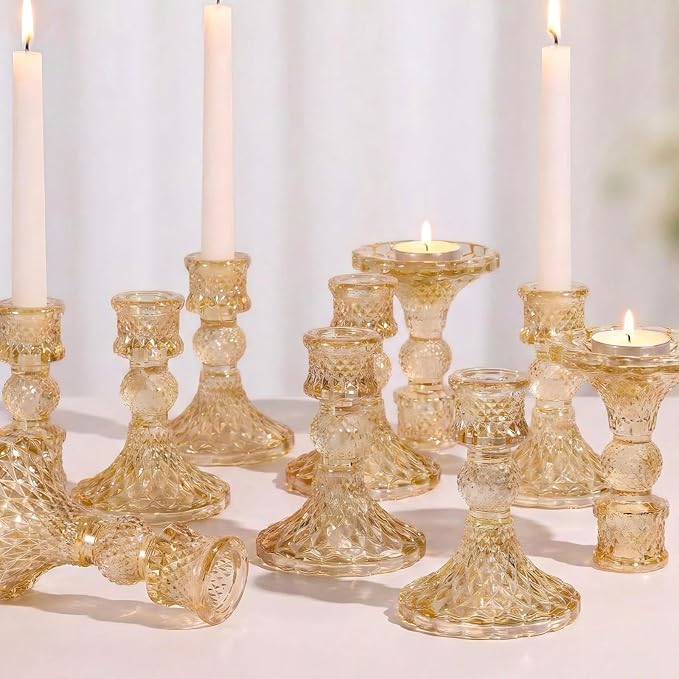 Gold Candle Holder Set of 12, Glass Taper Candle Holders Bulk | Gold Candlestick Holders, Candle Stick Holder for Table Centerpieces, Wedding, Christmas & Home Decor