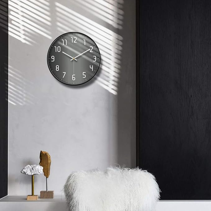 Silent Non-Ticking Analog Wall Clock, Gradient Black, 14'' | Battery Operated, Modern, Metal Frame & HD Tempered Glass, Decorative for Home & Office, Bedroom, Kitchen, Living Room