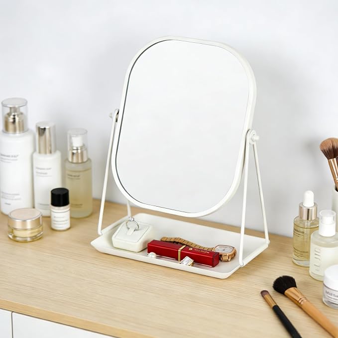 Tstarer Rotating Metal Makeup Mirror with Storage(White) | Vanity Mirror for Desk, Bathroom, Bedroom, Dressing Table