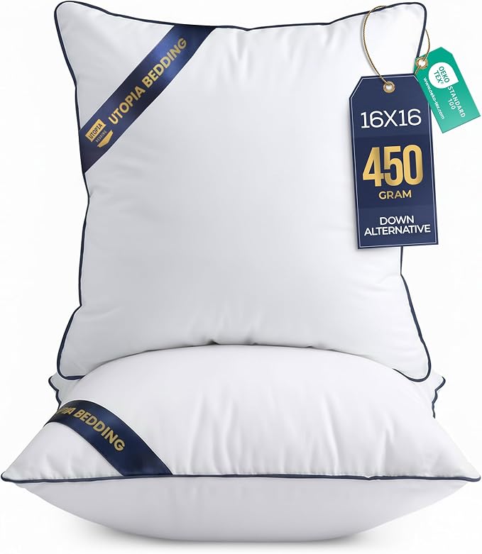 Utopia Bedding 16x16 Throw Pillow Inserts, Decorative Pillows, Pack of 2 | Piping Throw Pillows, Plush & Supportive, Aesthetic Cushion Sham Stuffer for Sofa, Office, Couch & Bed, Set of 2, White